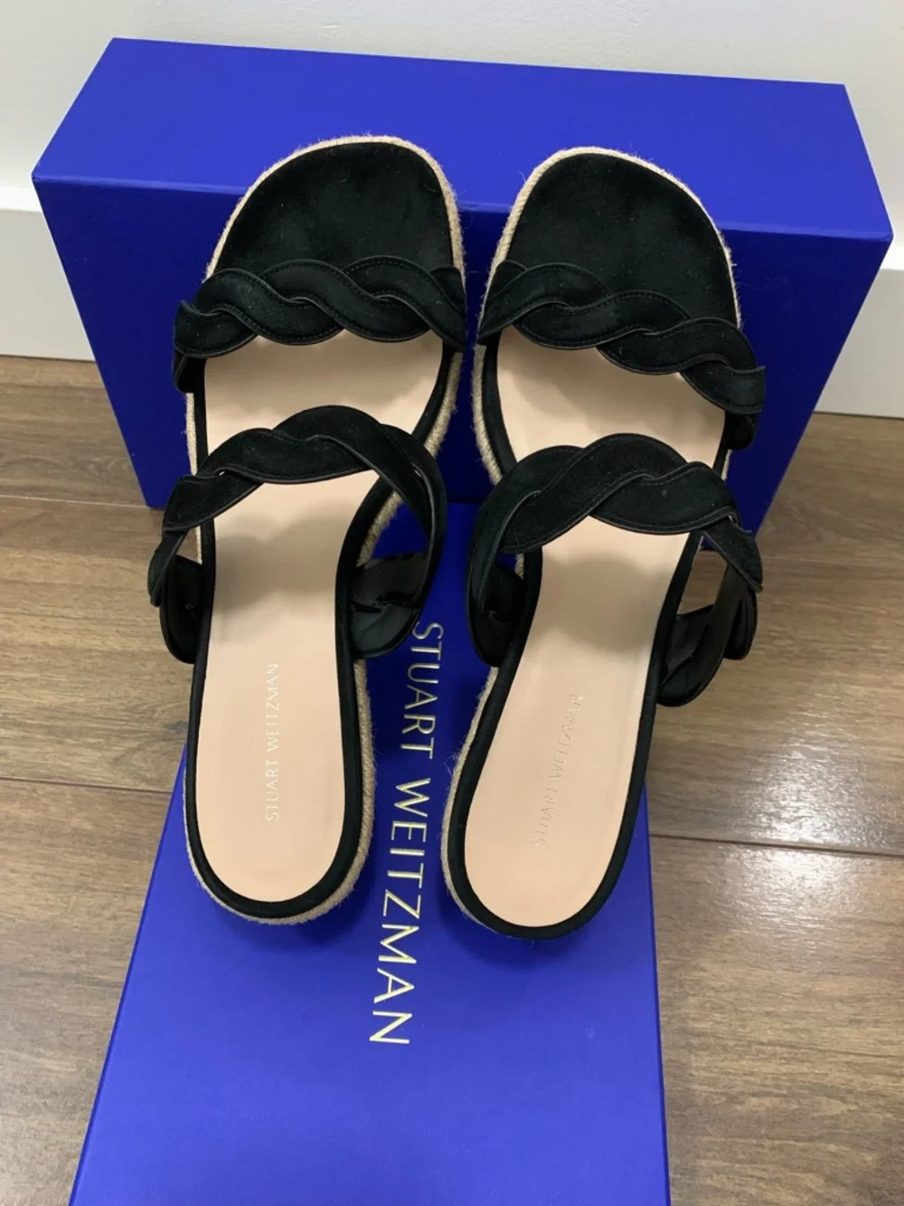 Stuart Weitzman women’s Black Twist Suede Espadrille Wedge Slide Sandal size 9.5 - Picture 3 of 14